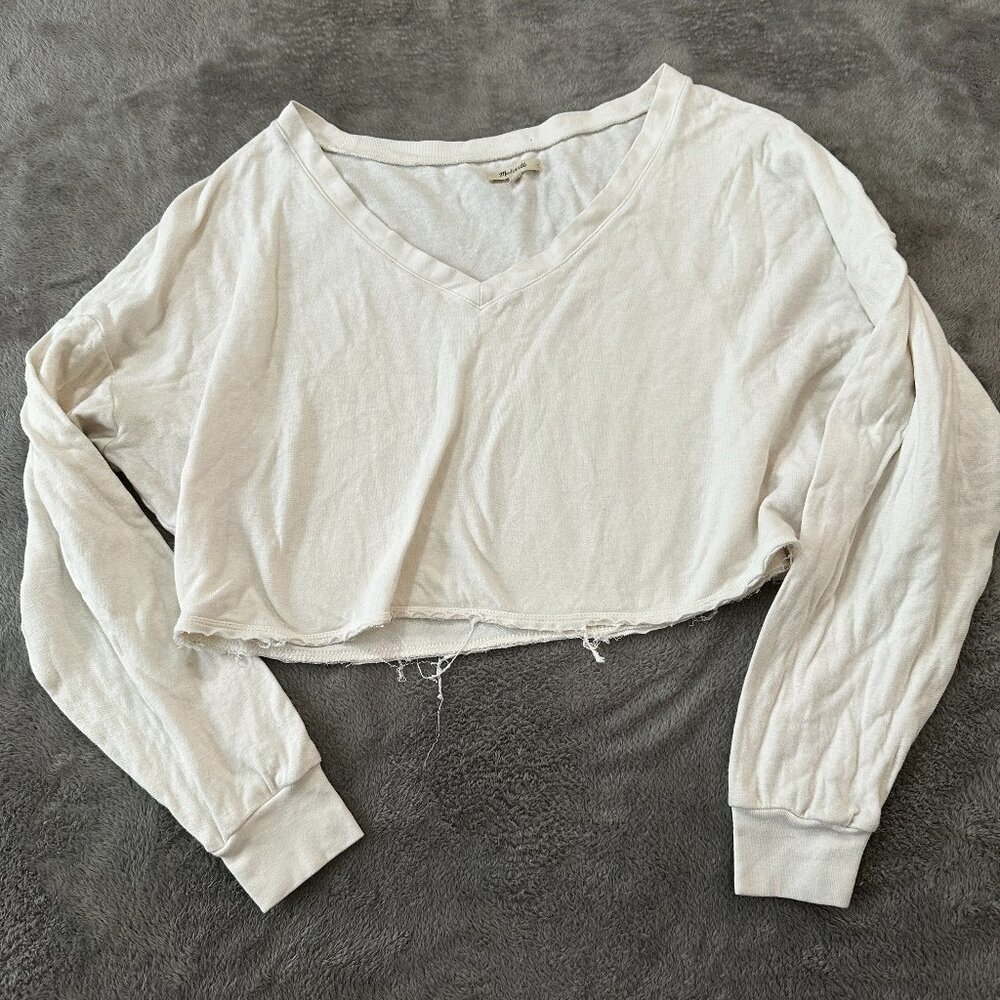 Madewell Double Face V-Neck Long Sleeve Tee Shirt Women's LARGE Cream Cropped